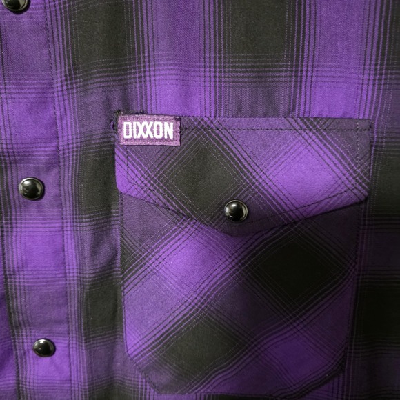 Dixxon Flannel Shirt Mens Large The Heart Short Sleeve Snap Purple Black Striped - Picture 2 of 9